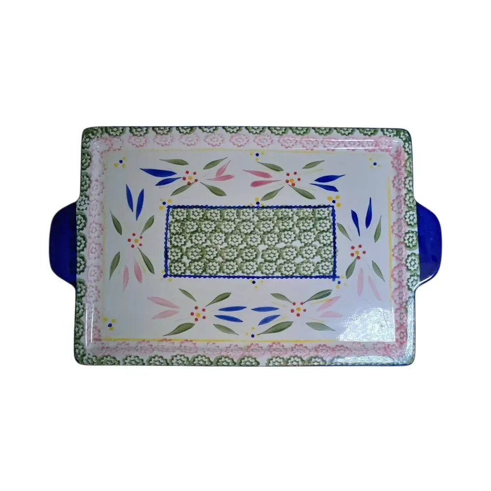Temptations by Tara Ovenware Old World Green Large Platter Tray 16x10 Floral #10